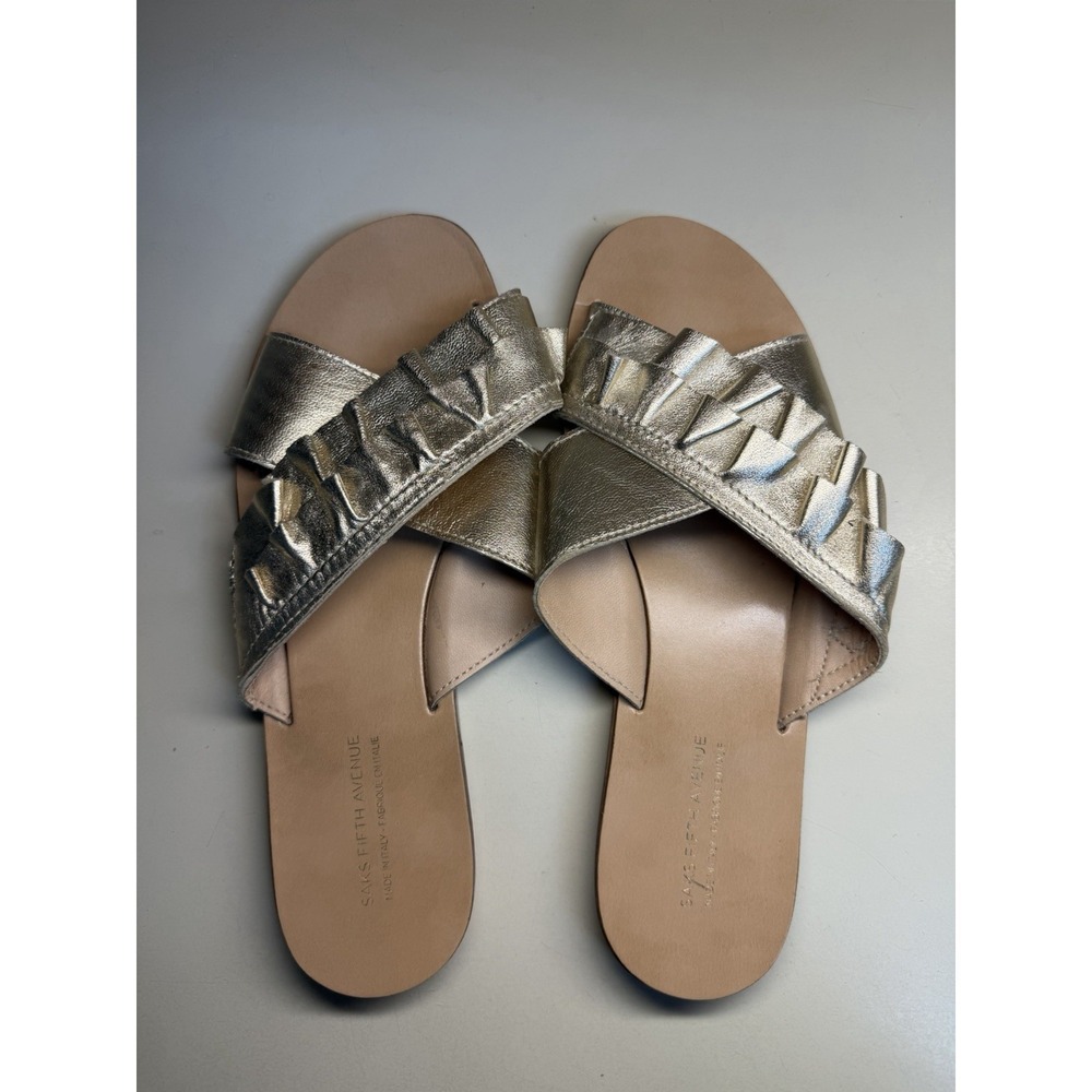 Saks Fifth Avenue Metallic Leather Ruffle Slide Sandals Women's Size 8 Italy